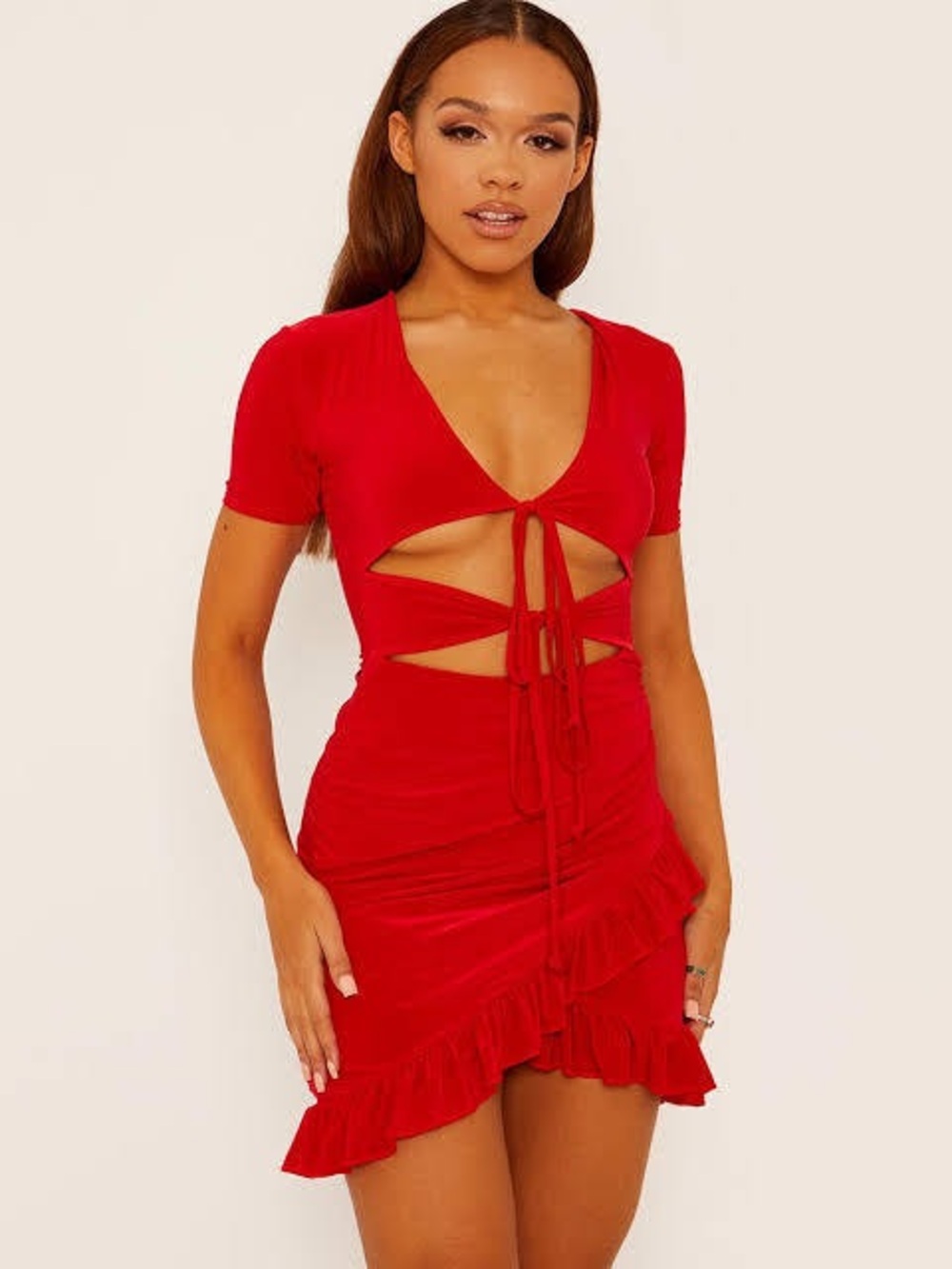 SHEIN Red Tie-Front Cutout Ruffle Mini Dress